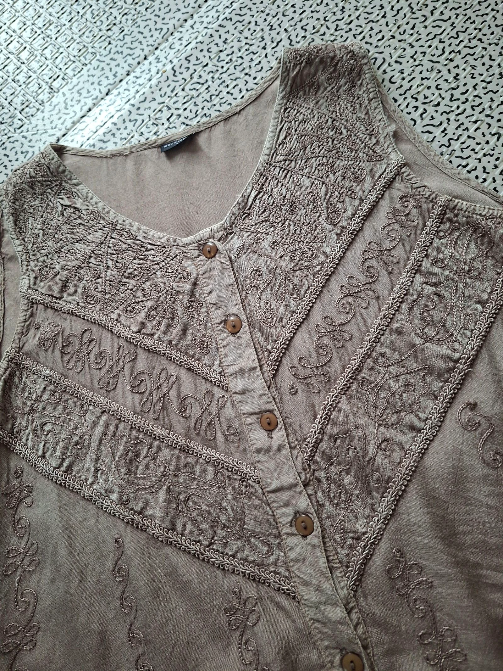 Blusa sin mangas mujer boho bordada beige topo 100% viscosa T1 S 36/38 vintage – photo 7